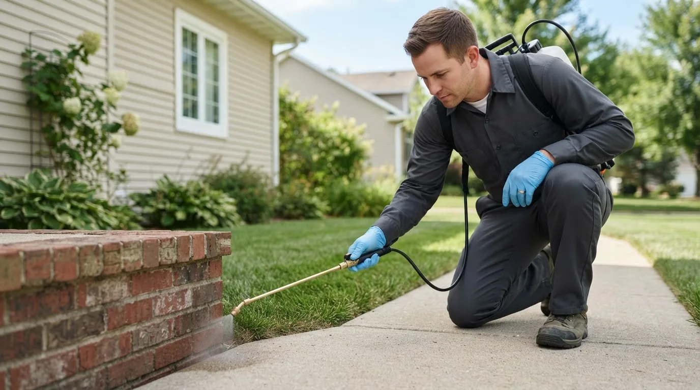 Pest control technician treating a home near Willow City, ND