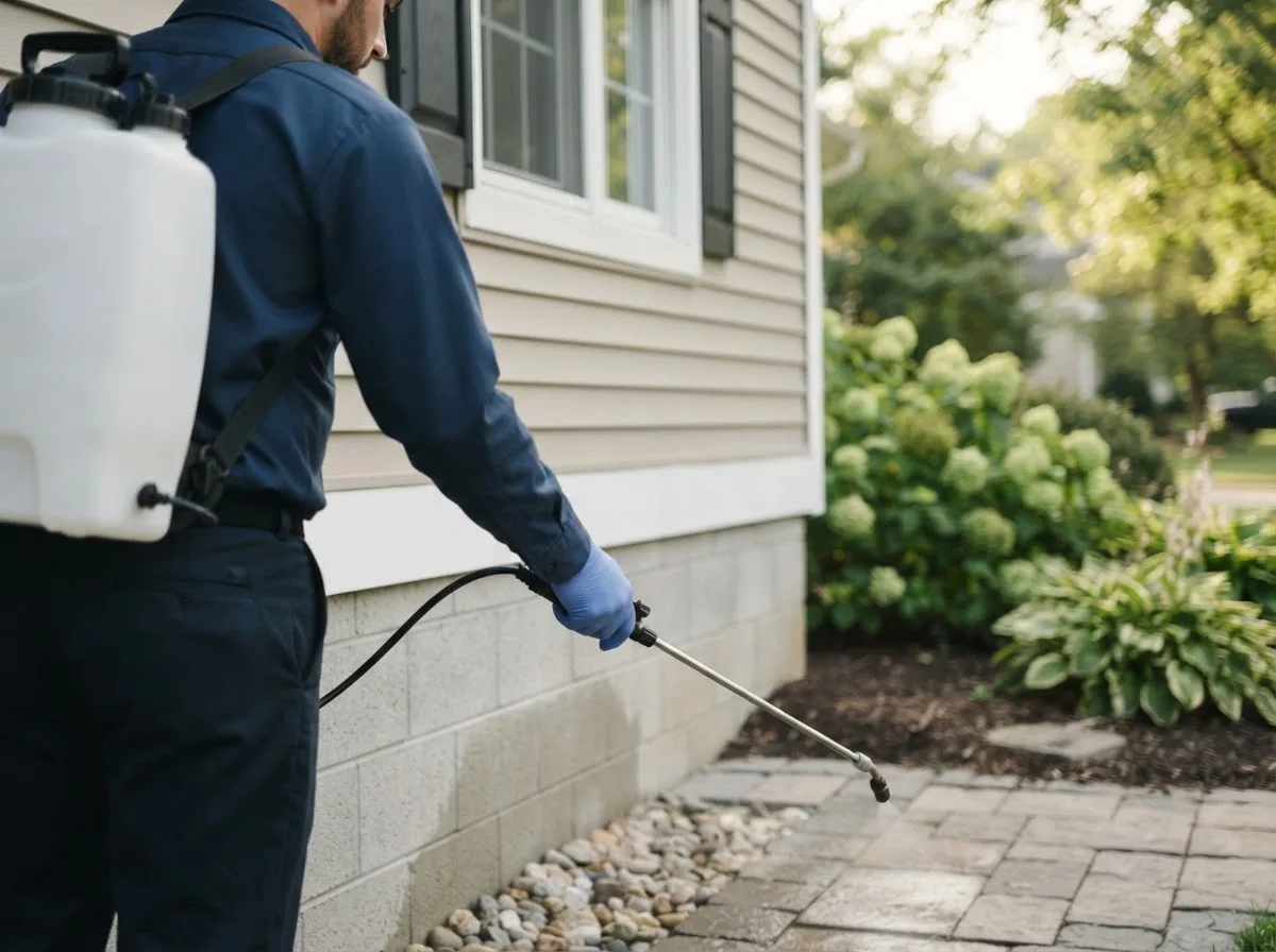Pest control technician inspecting a home in Willow City, ND